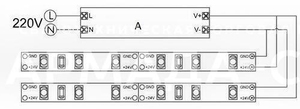 Схема подключения светодиодной ленты к источнику питания (А - источник питания)